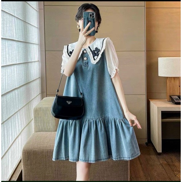 Váy Bầu Đầm Bầu Thiết Kế Thời Trang Chất Bò Mềm Mịn, Cổ Thêu Hoa,Tay Ngắn Dễ Thương A116 Lin Store66