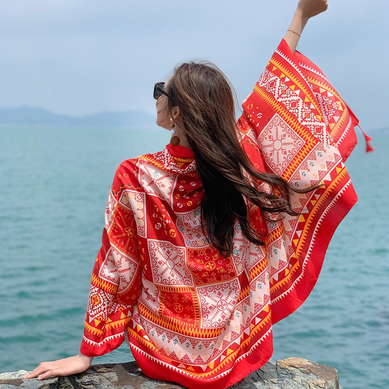 Khăn choàng boho đi biển họa tiết thổ cẩm ô vuông xinh xắn đa năng che nắng chụp hình 180x90cm - Mã VS009