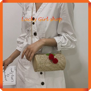 [MỚI-SIÊU XINH] Túi Cói Trống MINI Cherry 2 Màu Kem Nâu size 18*11*10cm- Lucky Girl shop NHA TRANG