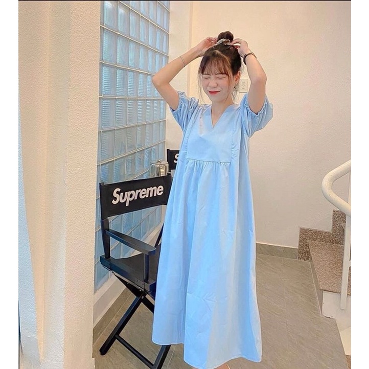 Đầm babydoll form dài trắng đen xanh cổ V tay phồng