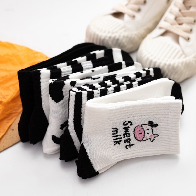Mới Set 5 Đôi Tất Cotton Cổ Cao Họa Tiết Sọc Ngang Xinh Xắn Cho Nữ