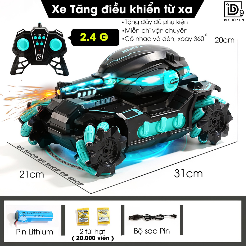 Xe tăng điều khiển từ xa băn hạt dẻo, Xe tăng có đèn và nhạc sinh động, Sạc Pin nhanh, D9 shop