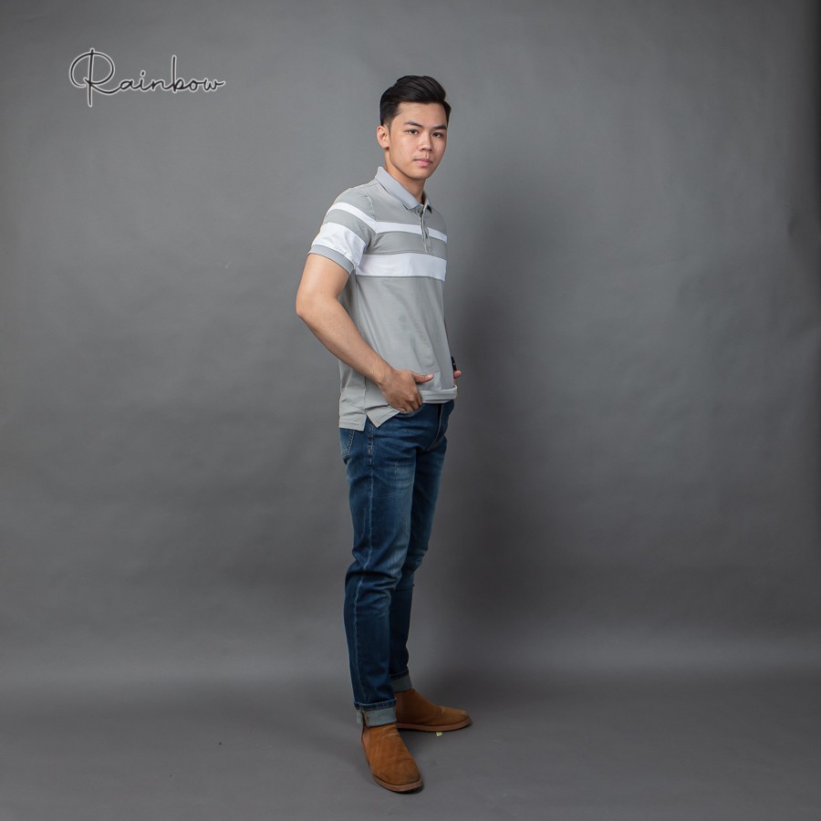 Áo thun có cổ, áo polo cotton chính hãng Rainbow PO003 - Xám phối sọc thân | BigBuy360 - bigbuy360.vn