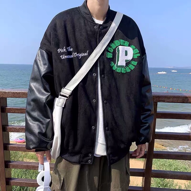 Áo khoác bóng chày Varsity Jacket dạ phối tay da in chữ unisex dáng rộng Ulzzang siêu chất ❤️