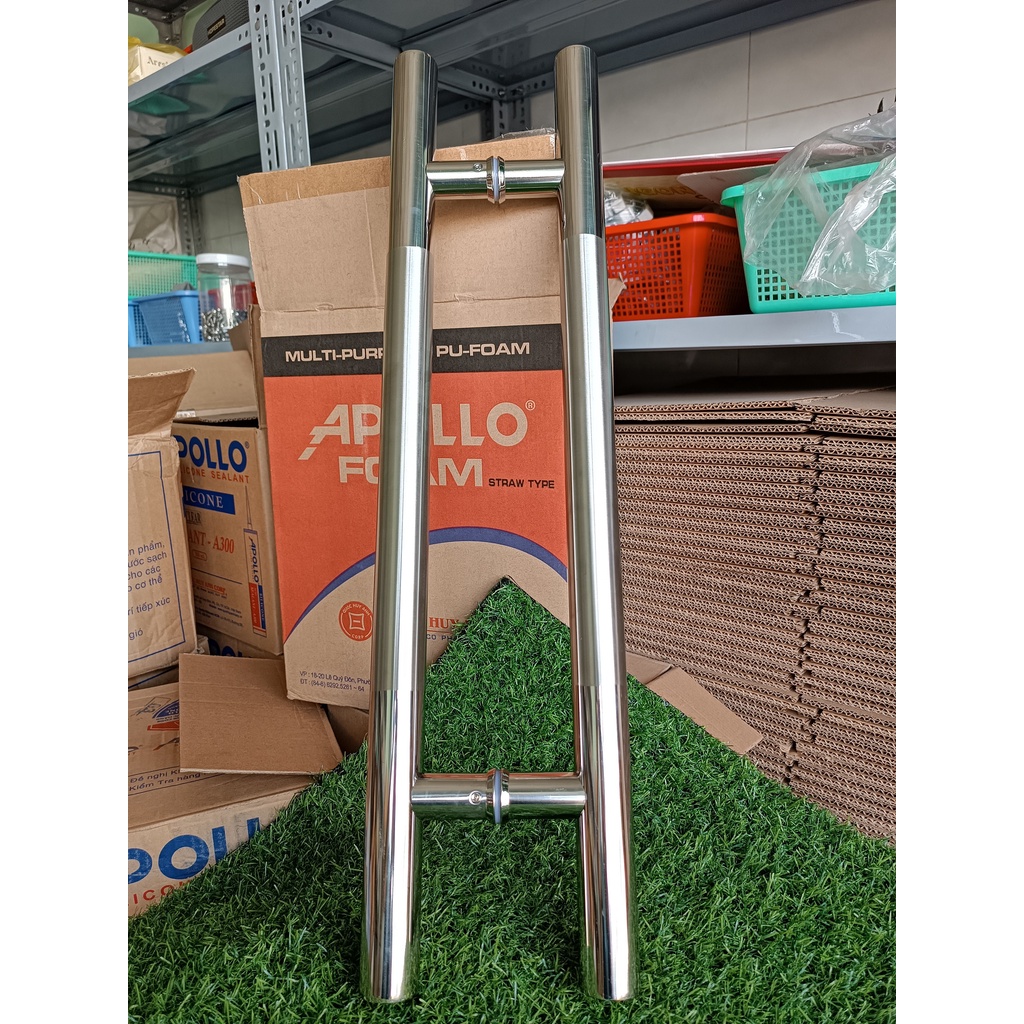 Tay nắm cửa kính cường lực INOX 304, Dài 60cm Tim lỗ 40cm, Phi 38mm, Phi 32mm 2 loại : INOX và Mica sọc xanh
