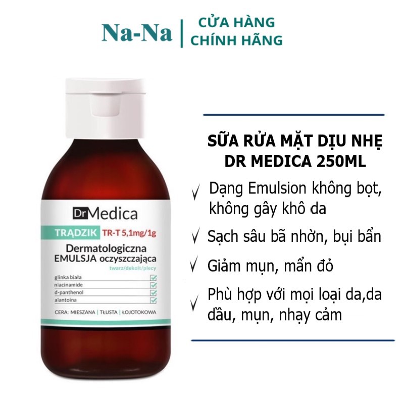 Sữa rửa mặt dịu nhẹ, cho da dầu, mụn, nhạy cảm dr Medica 250ml