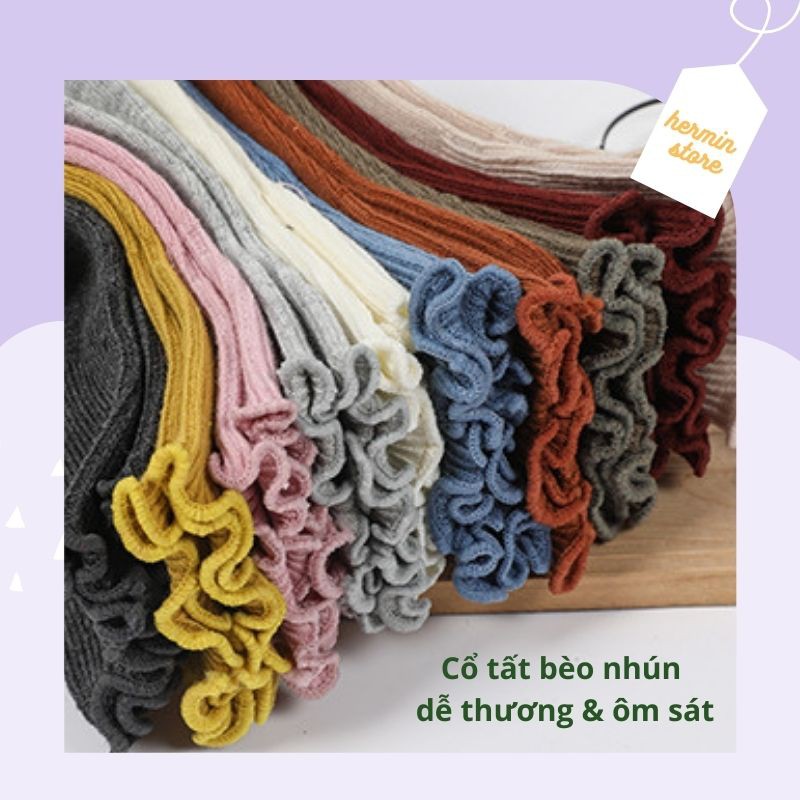 Tất bé gái ngắn cổ bèo nhún nhiều màu - vớ cho bé gái vintage 100% len cotton siêu mịn