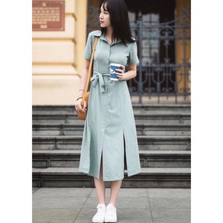 [FREE SHIP 50K] Đầm sơ mi mint xẻ tà