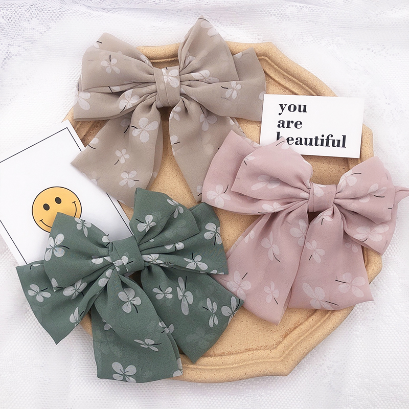 Kẹp Tóc Nơ Lớn 3 Lớp In Hoa Đáng Yêu Cho Nữ