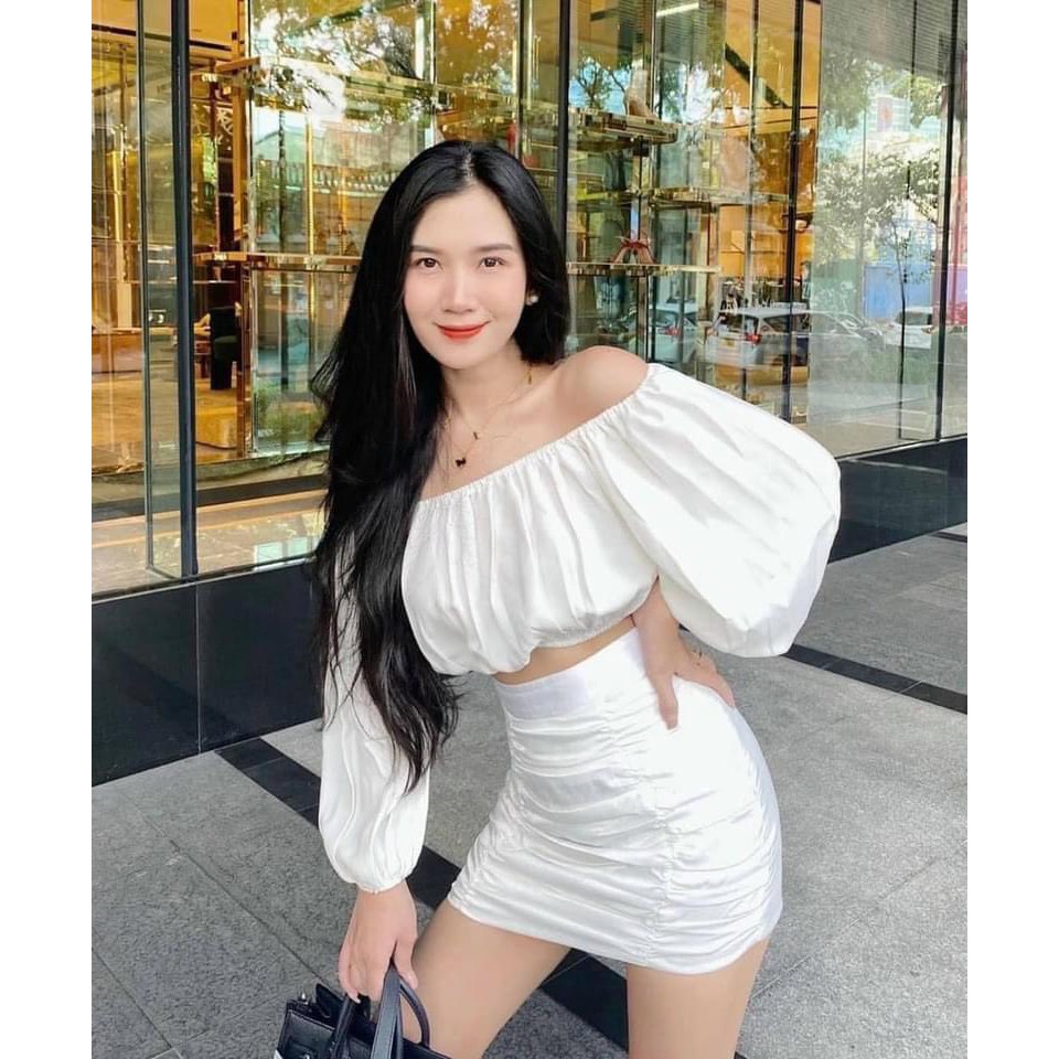 Sét Áo Trễ Vai Kèm Chân Váy Nhún Hai Màu Trắng Đen Cực Đẹp, Mặc Dạo Phố , Quẩy Bar | BigBuy360 - bigbuy360.vn