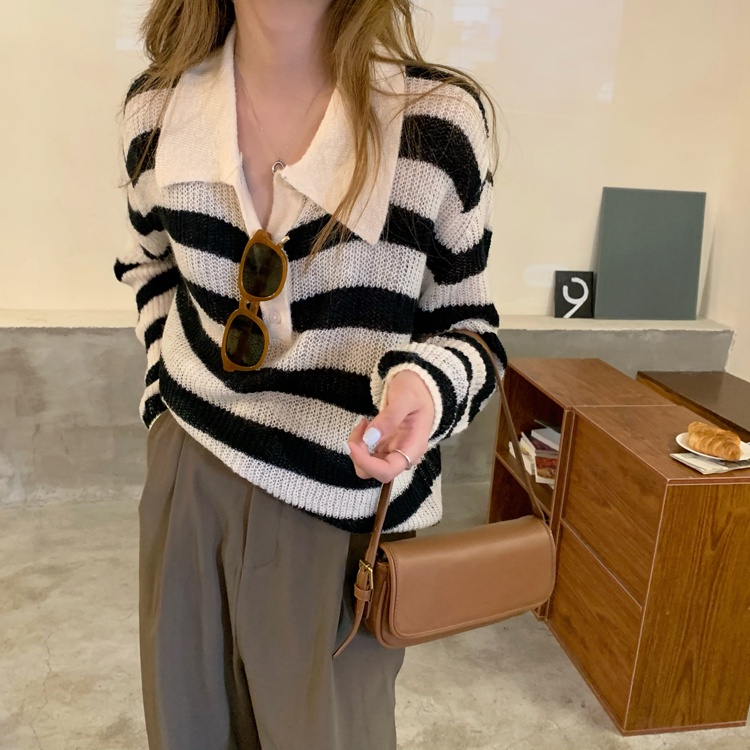 Áo Sweater Dệt Kim Tay Dài Dáng Rộng Cổ Polo Kẻ Sọc Dễ Phối Đồ Cho Nữ | BigBuy360 - bigbuy360.vn