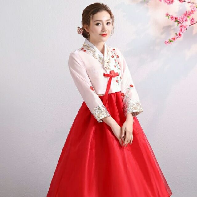 Hanbok Hàn Quốc thêu áo, váy 2 tầng màu đỏ giá rẻ cho học sinh sinh viên.