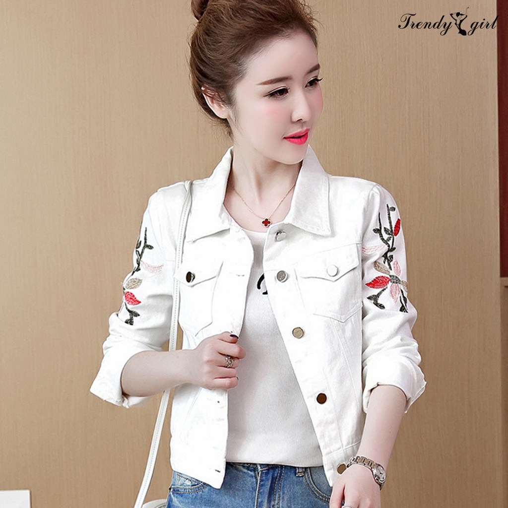 Áo Khoác Jean Nữ Tay Dài Thêu Hoa