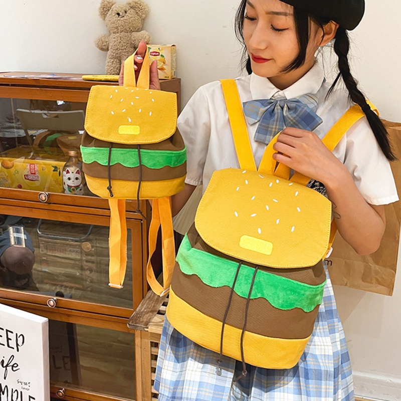 Ba Lô Dây Rút Vải Canvas Sức Chứa Lớn Hình Hamburger Dùng Mua Sắm