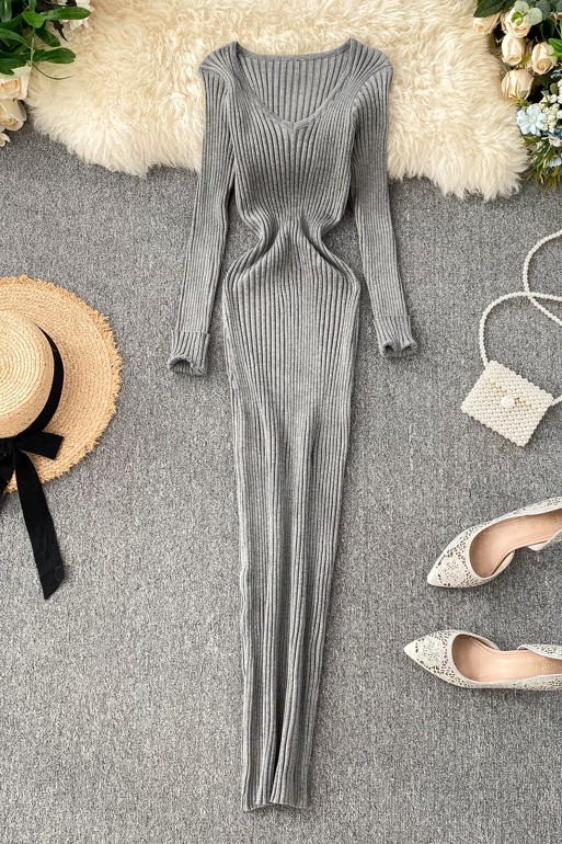 Váy len body dáng dài cổ V gợi cảm đầm montoghi ôm sát nữ tính