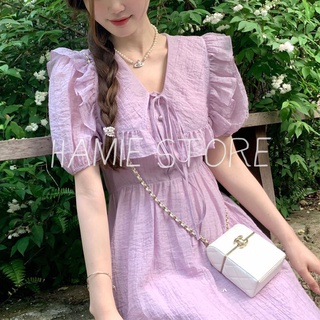 Đầm bánh bèo nữ dáng dài cổ nơ tay bồng HHY427, váy maxi babydoll nơ lưng tay bồng chun cổ bản to