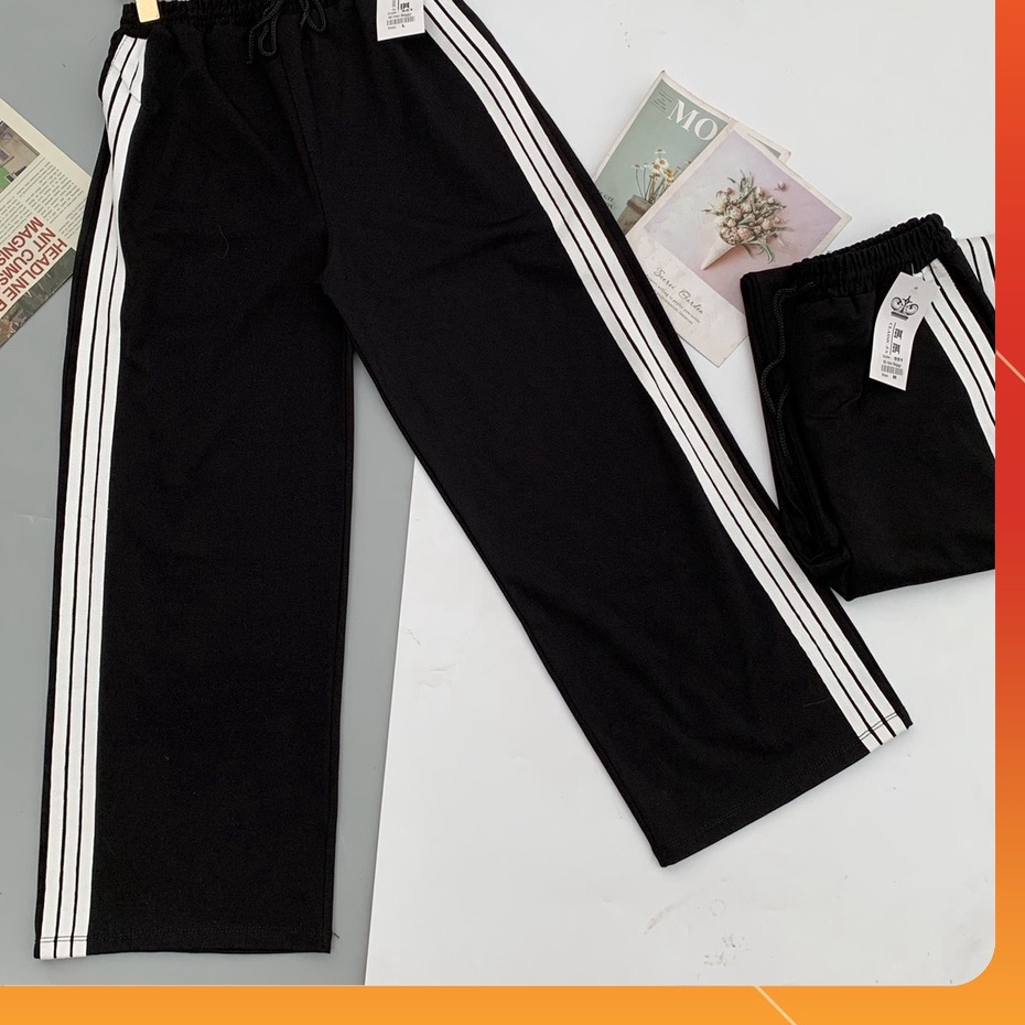 Quần thể thao ống rộng nữ 3 sọc trắng chất Umi màu đen kiểu basic suông dài có dây rút unisex mặc đi chơi học thể dục