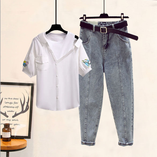 Set Áo Sơ Mi Ngắn Tay Cổ Bẻ Giả Hai Lớp + Quần Short Jeans Thời Trang Hàn Cho Nữ