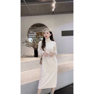 Váy len lông cừu dáng suông, cổ lọ