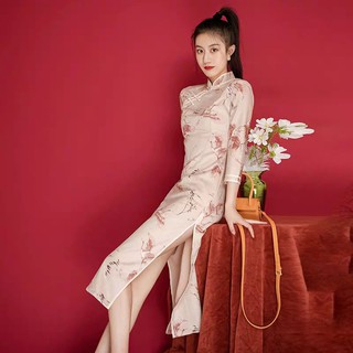 Có sẵn sườn xám tay lỡ hoạ tiết hạc cách tân nữ trung hoa cổ trang phong cách trung quốc