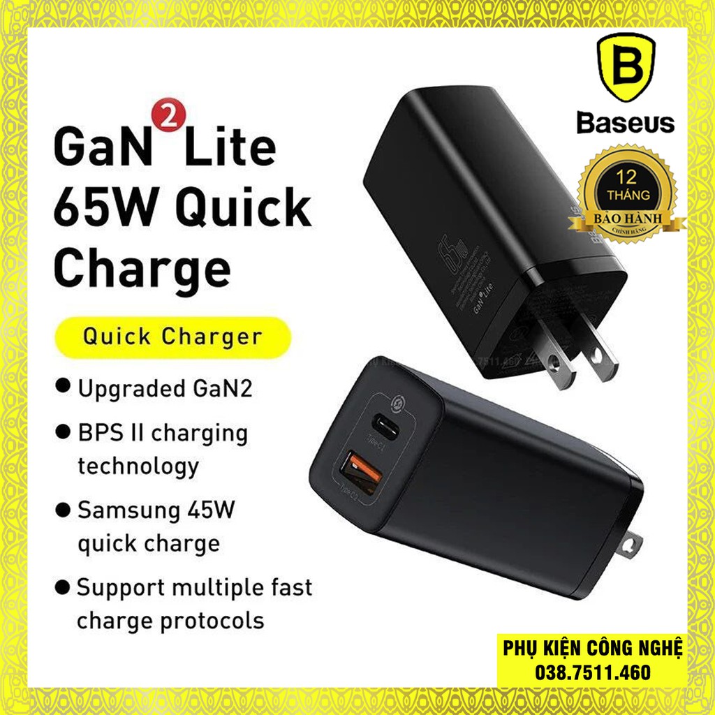 Củ sạc nhanh Baseus GaN 2 Lite 65W USB và Type-C PD 3.0, QC 4.0 cho Smartphone/ Tablet/ Ipad/ Macbook/ Laptop