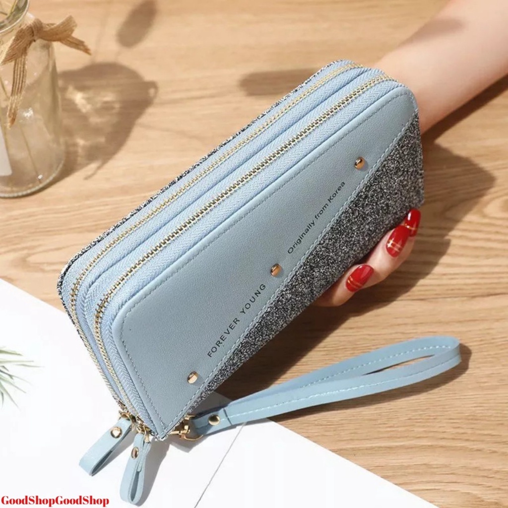Ví nữ dài cầm tay mẫu mới, với 2 khoá kéo kiểu dáng sang trọng NEW-0057 được phối kim tuyến và kẻ sọc màu chéo đẳng cấp
