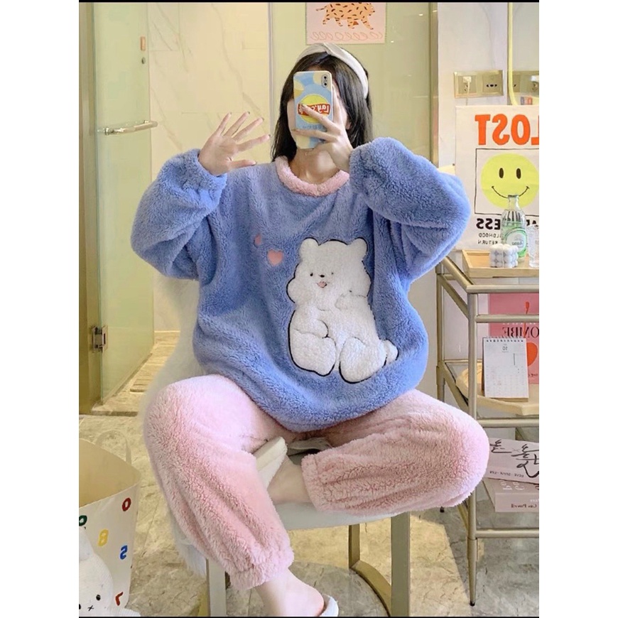 Bộ Lông Cừu Cao Cấp Unisex Nam Nữ Thêu Gấu Dáng Rộng Mặc Nhà Mùa Đông Ấm Uzzlang