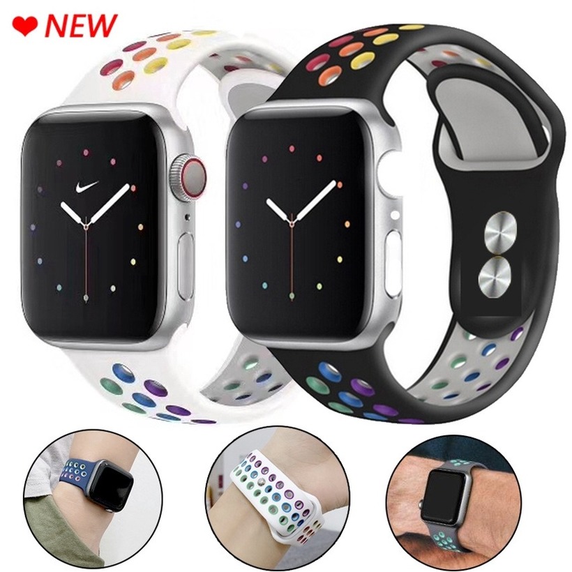 Dây Đeo Silicon Cầu Vồng Cho Đồng Hồ Thông Minh Apple Watch 42mm 44mm 40mm 38mm Band Series 6 SE 5 4 3 2 1