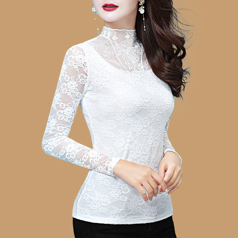 Thin / fleece bottom lace shirt Western style long-sleeved women's shirt Small shirt Spring and Autumn New temperament Big neck Large size Top T-shirt | BigBuy360 - bigbuy360.vn