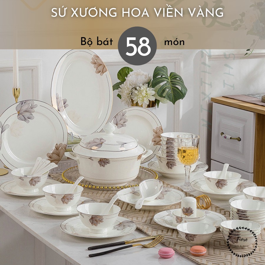 Bộ bát đĩa sứ xương hoa bướm trắng viền vàng - bộ 58 món cho 10 người - decor bàn ăn, quà tặng tân gia sang trọng