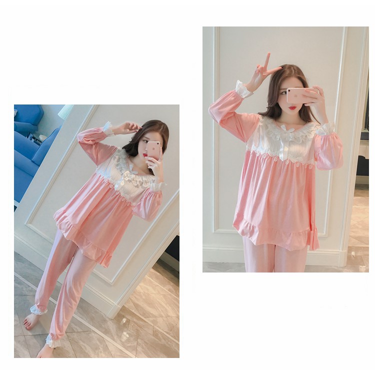 #34 Bộ ngủ tiểu thư cổ vuông ren cotton thích hợp mùa đông, xuân, thu