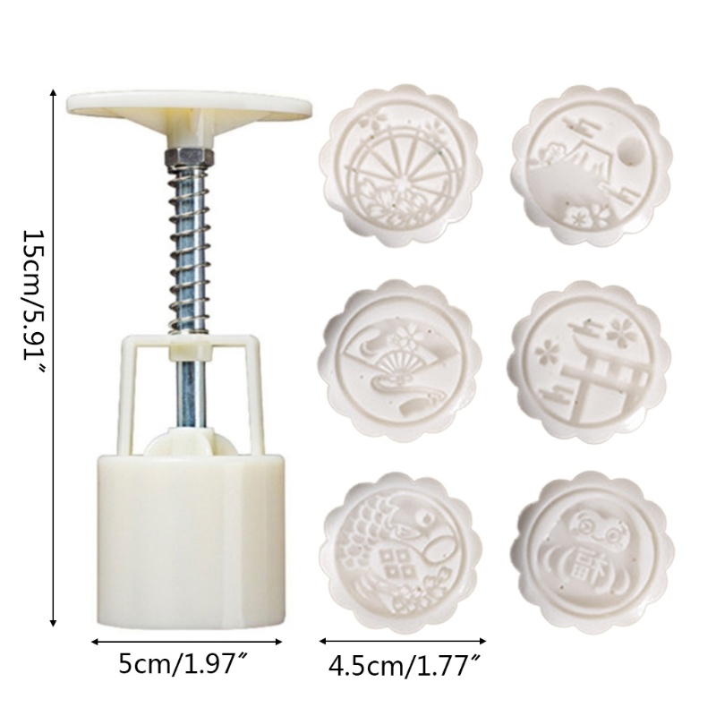 Set khuôn nhấn làm bánh trung thu kèm 6 đầu cắt bằng nhựa dùng trong lễ hội