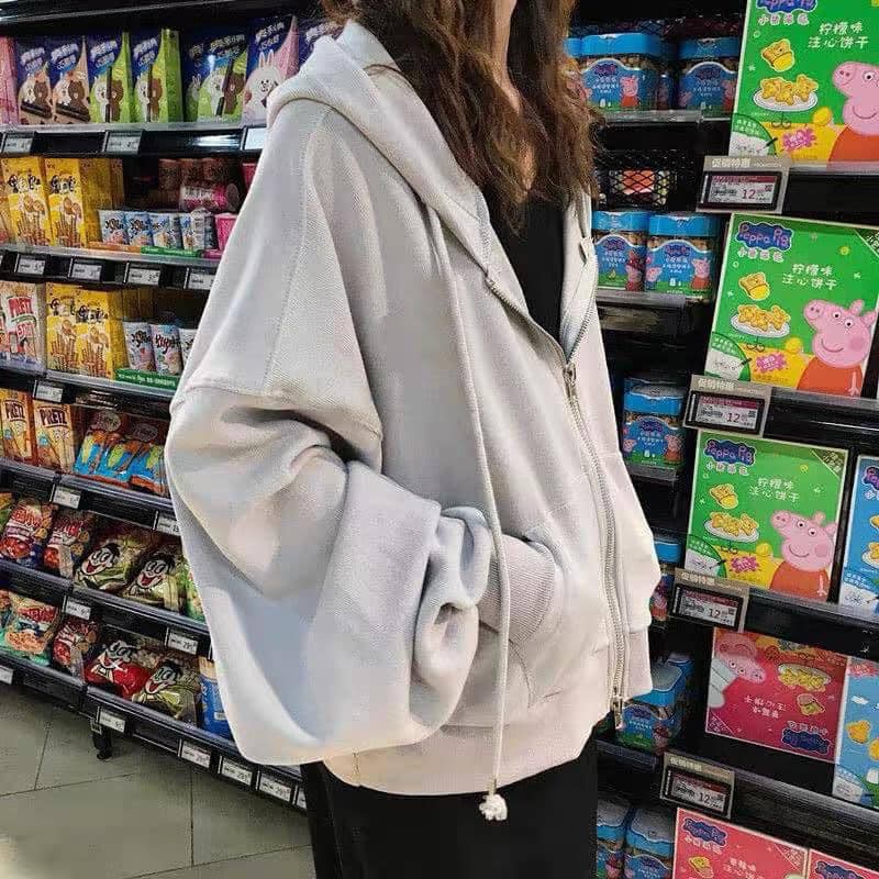 Áo khoác nỉ trơn nam nữ basic hoodie đen trắng xanh ghi freesize form rộng bo gấu tay phồng hàn quốc cheapy