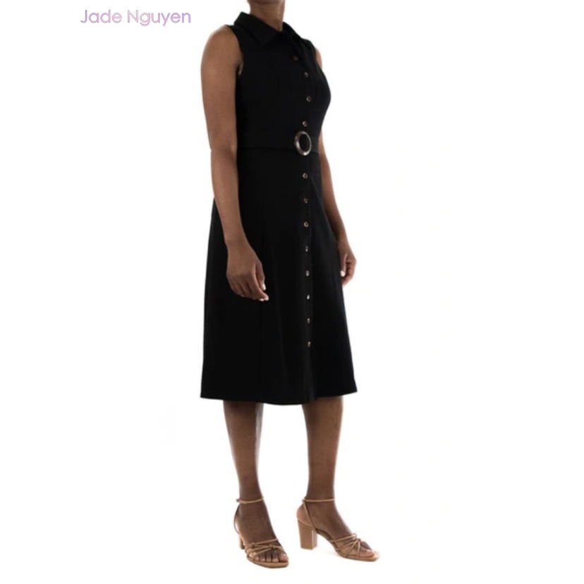 Đầm midi đính nút phía trước, đầm midi thắt eo không tay - N3