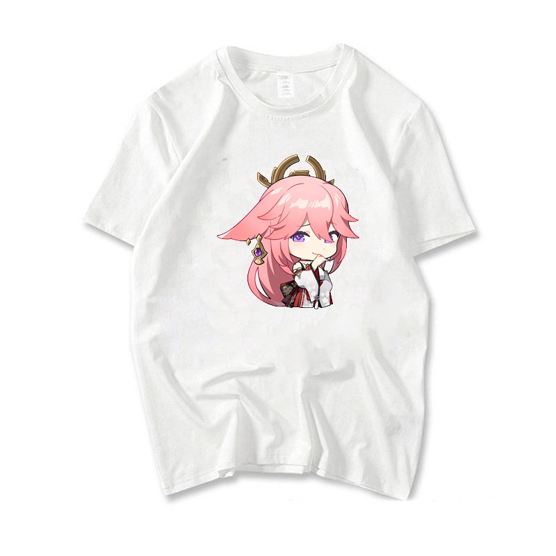 Áo thun phông đen trắng in hình nhân vật YAE MIKO game GENSHIN IMPACT anime chibi thời trang nam nữ