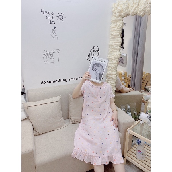 Váy pijama váy mặc nhà chất muslin cao cấp bầu bí bon chen