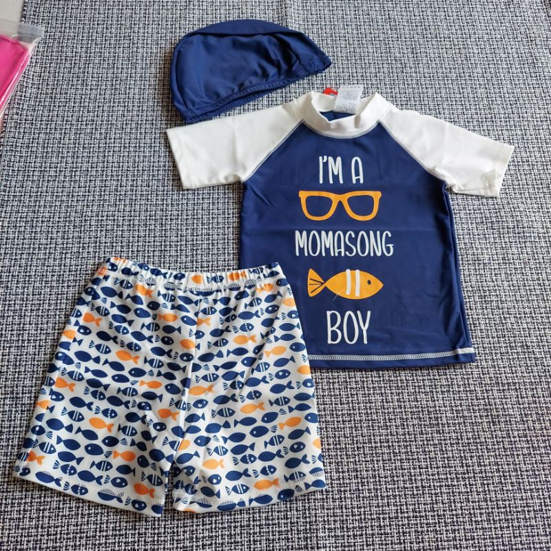 Bộ đồ bơi xịn cho bé trai 9-30kg mẫu ngắn tay chiếc kính và con cá kèm mũ dễ thương hiệu Momasong