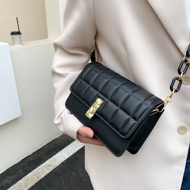 Túi Đeo Chéo Hình Vuông Nhỏ Màu Trơn Họa Tiết Kẻ Sọc Đính Kim Cương Giả Đơn Giản NB00369