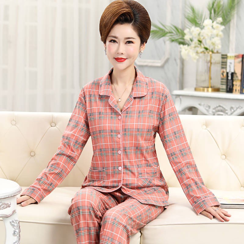 Bộ Đồ Ngủ Tay Dài Vải Cotton Thời Trang Xuân Thu Cho Phụ Nữ Trung Niên Plus Size