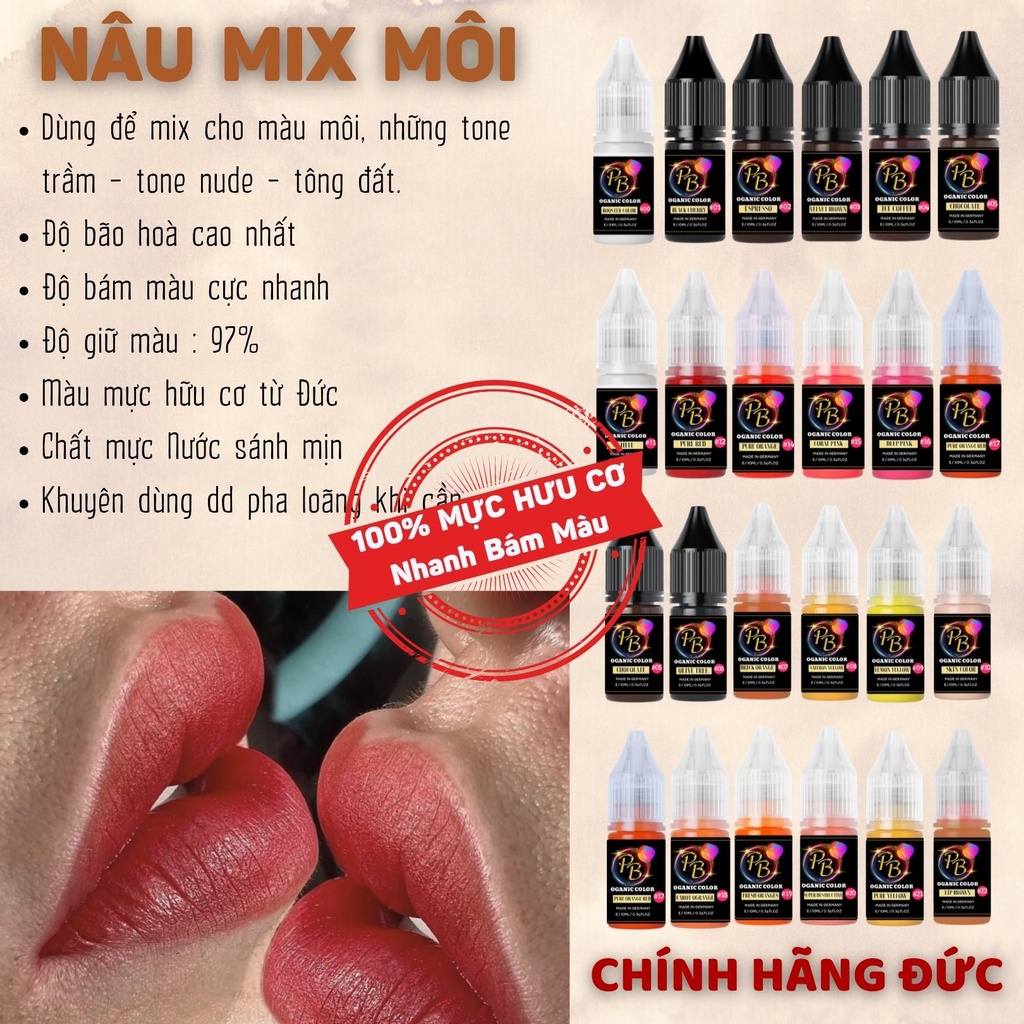 Mực phun xăm Hữu Cơ, NÂU MIX MÔI và 20 màu Mực Nước phun xăm Thẩm Mỹ