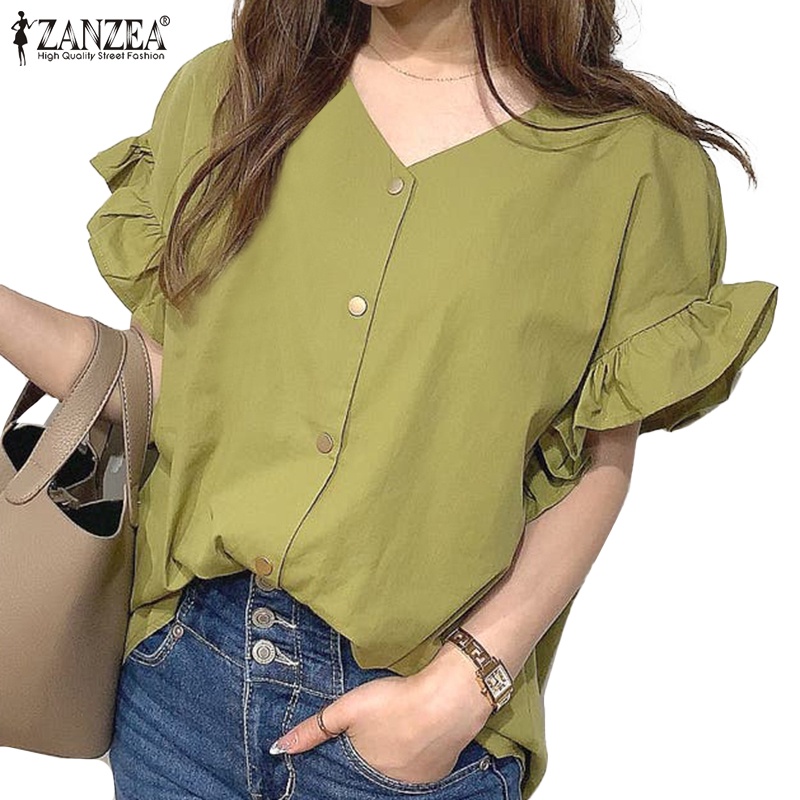 Áo sơ mi ZANZEA tay ngắn cổ chữ V phong cách Hàn Quốc đơn giản cho nữ