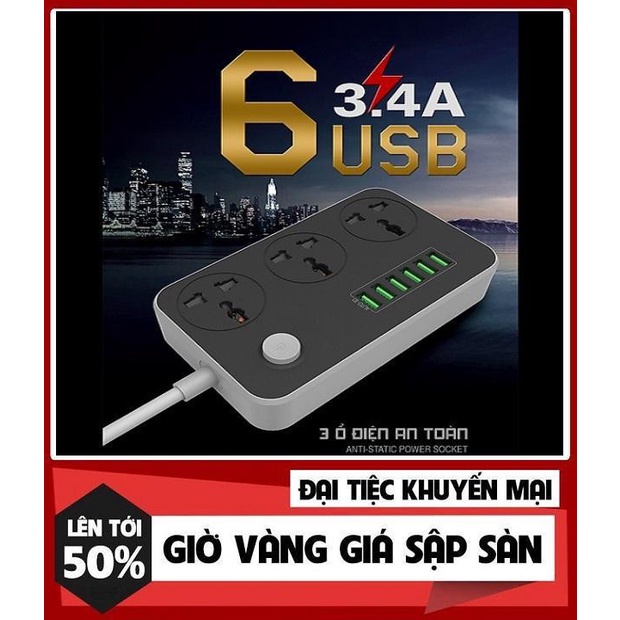 Ổ cắm điện đa năng thông minh 6 USB sạc nhanh 3.4A dây dài 2 mét rẻ hơn ổ lioa,quang,xiaomi...