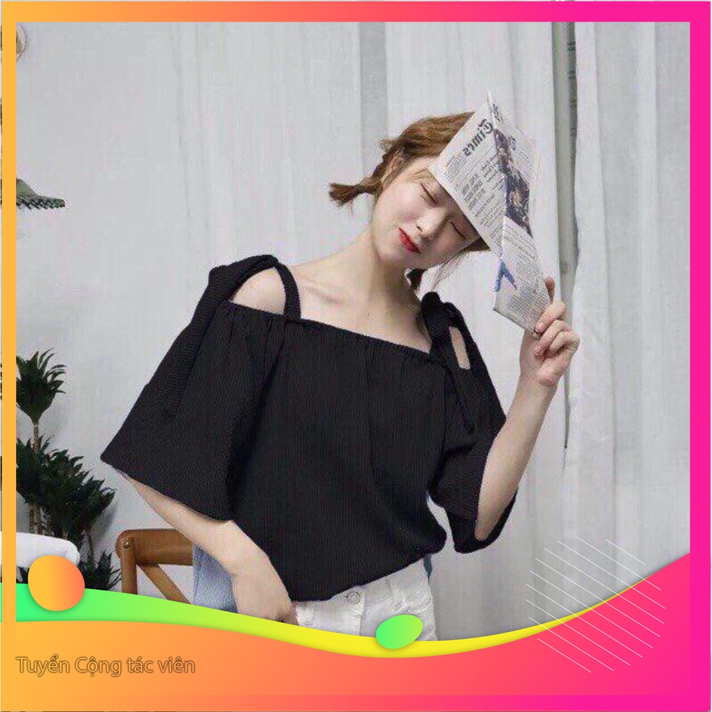 Dọn kho 11254B1 Áo trễ vai cột nơ phong cách Hàn Quốc Dọn kho