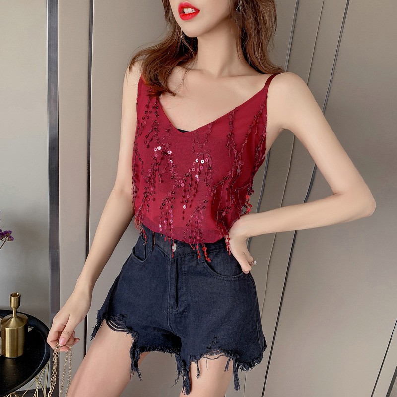 [Baywellfashion]Áo hai dây đính sequin lấp lánh phong cách quyến rũ trẻ trung dành cho nữ