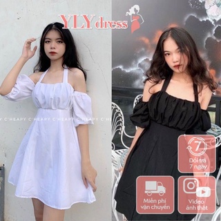 Váy đầm nữ cổ yếm buộc dây trễ hở vai Ylydress màu đen trắng dáng chữ A xòe ngắn mini freesize sexy hàn quốc C923