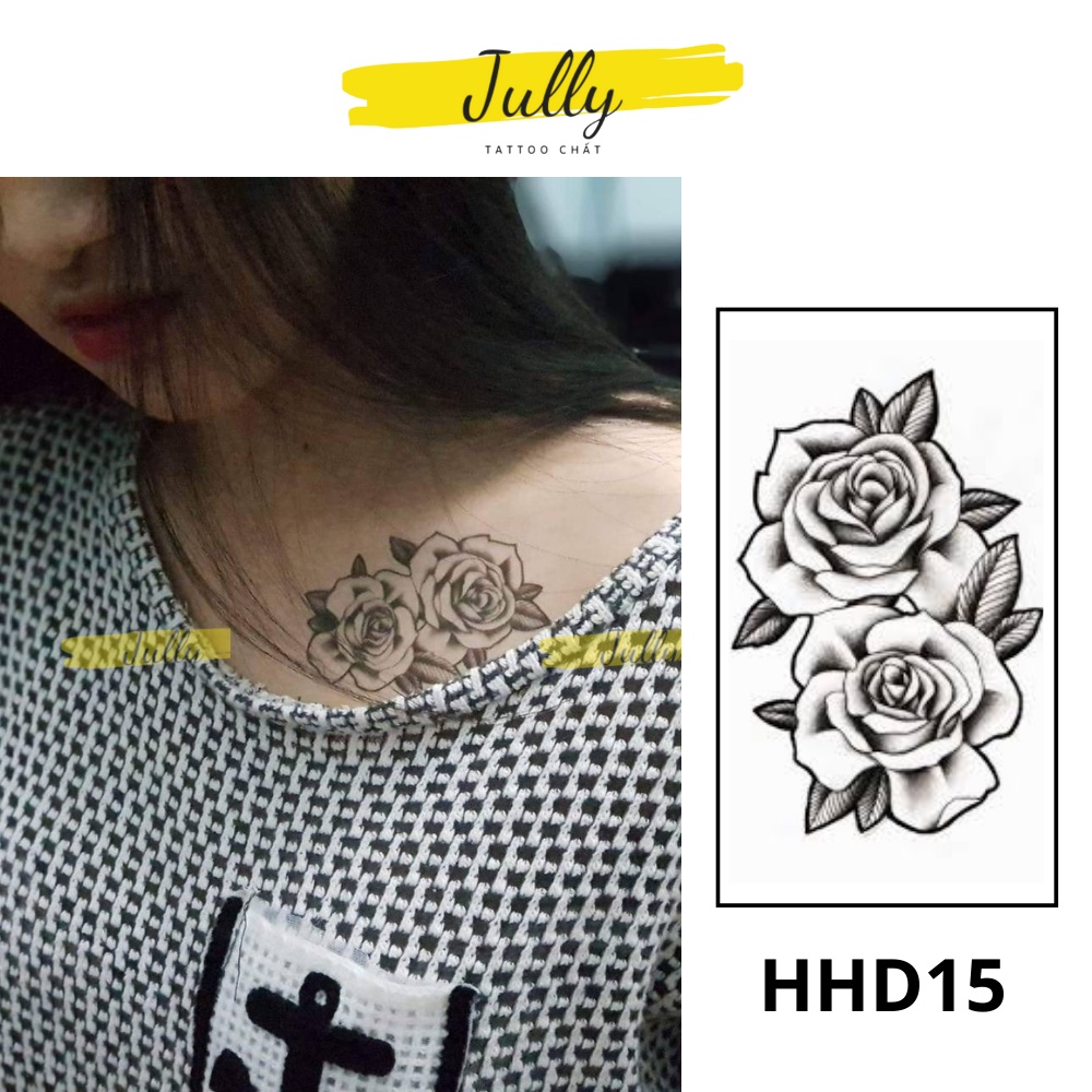 Hình xăm dán, xăm tạm thời hoa hồng đen 2 bông nghệ thuất cho cả nam và nữ JULLY Tattoo chất