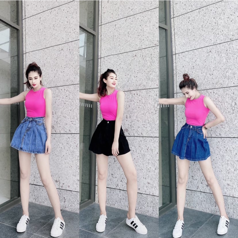 Quần jeans giả váy, quần bò giả váy dáng xòe, lưng cao túi nắp 1 khuy. Mã V7009