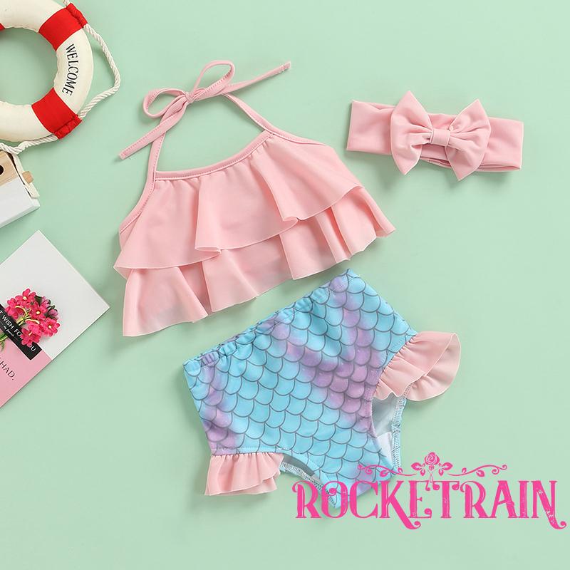 ☌Xt✡Set Đồ Bơi 3 Món Gồm Áo Hai Dây Nhún Bèo Màu Trơn + Quần Lót + Băng Đô Dành Cho Bé Gái