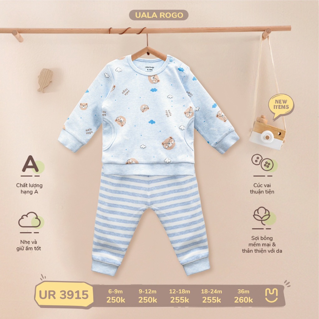 Bộ thu đông cho bé Uala rogo 6 tháng-3 tuổi cotton nỉ cổ tròn giữ ấm tốt họa tiết phối kẻ 3915