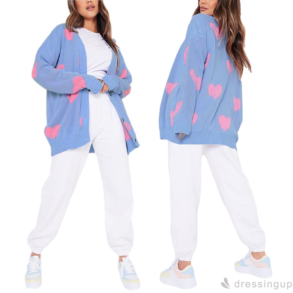 Đầm Tay Dài Cổ Chữ V In Họa Tiết Hoa / Trái Tim Thời Trang Cho Nữ